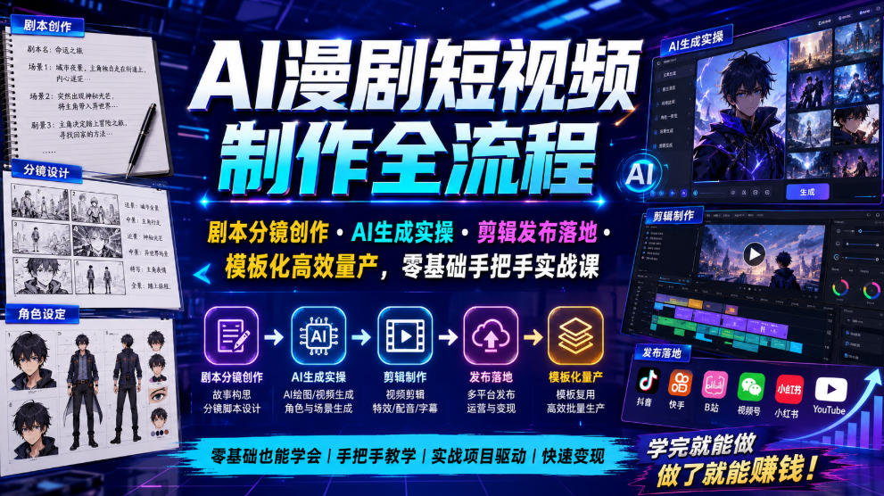 AI漫剧短视频制作全流程｜剧本分镜创作・AI生成实操・剪辑发布落地・模板化高效量产，零基础手把手实战课-179创客网