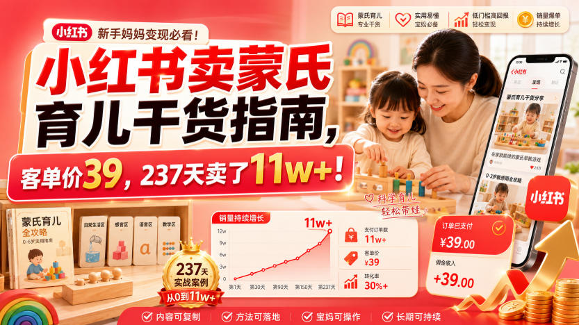小红书卖蒙氏育儿干货指南，客单价39，237天卖了11w+！-179创客网