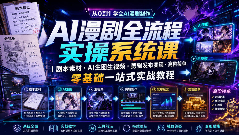 AI漫剧全流程实操系统课｜剧本素材・AI生图生视频・剪辑发布变现・高阶接单，零基础一站式实战教程-179创客网