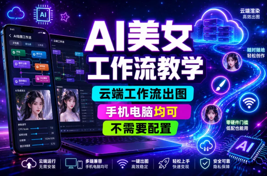AI美女工作流教学，云端工作流出图，手机电脑均可，不需要配置，快速起号涨粉-179创客网