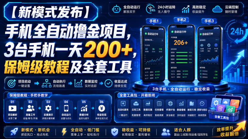 【新模式发布】手机全自动撸金项目，3台手机一天200+，保姆级教程及全套工具【揭秘】-179创客网