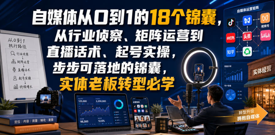 自媒体从0到1的18个锦囊，从行业侦察、矩阵运营到直播话术、起号实操，步步可落地的锦囊，实体老板转型必学-179创客网