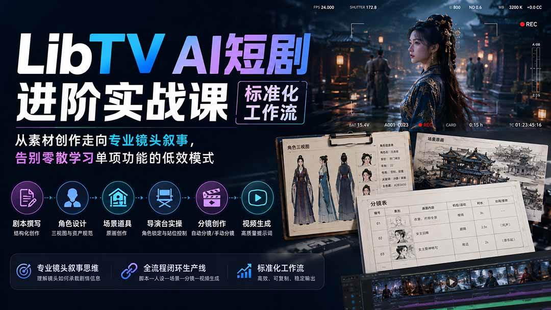 （19836期）LibTV AI短剧进阶实操课标准化工作流；从素材创作走向专业镜头叙事，告别零散学习单项功能的低效模式-179创客网