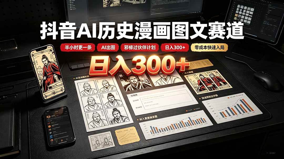 （19498期）抖音AI历史漫画图文赛道：半小时更一条×AI出图×邪修过伙伴计划×日入300+，零成本快速入局-179创客网