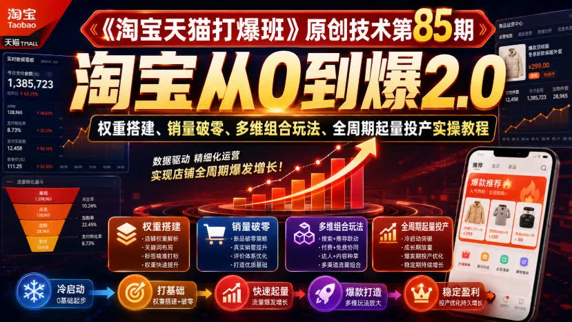 《淘宝天猫打爆班》原创技术第85期，淘宝从0到爆2.0，权重搭建、销量破零、多维组合玩法、全周期起量投产实操教程-179创客网