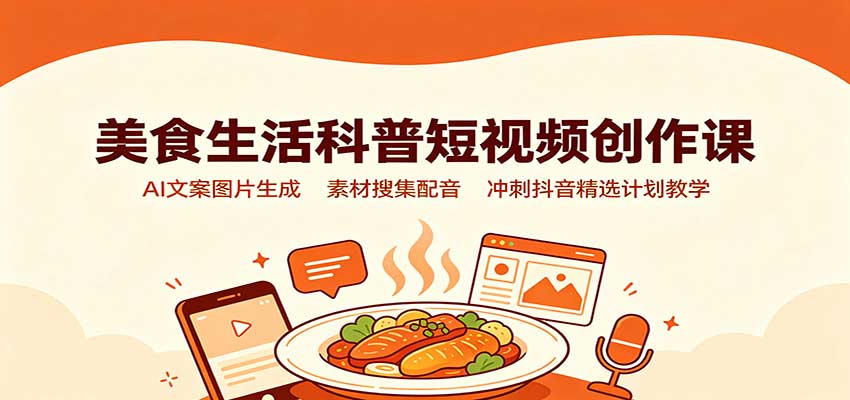 美食生活科普短视频创作课：AI文案图片生成，素材搜集配音，冲刺抖音精选计划教学-179创客网