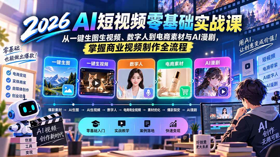 （20263期）2026AI短视频零基础实战课：从一键生图生视频、数字人到电商素材与AI漫剧，掌握商业视频制作全流程-179创客网