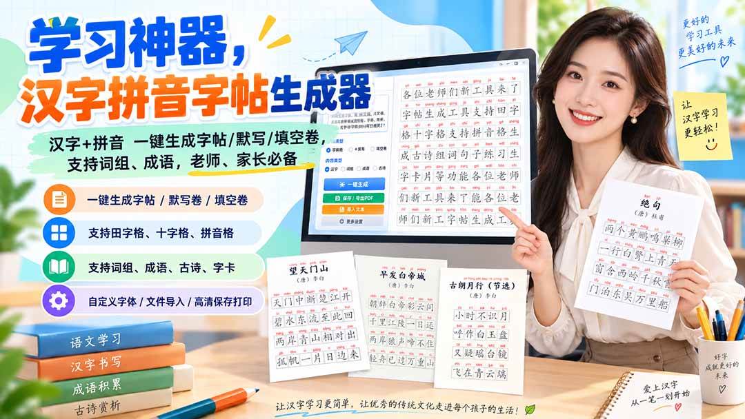 （20299期）学习神器，汉字拼音字帖生成器，汉字+拼音 一键生成字帖/默写/填空卷，支持词组、成语，老师、家长必备-179创客网