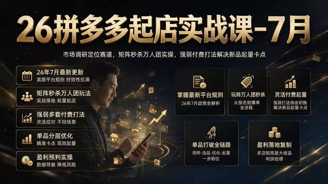 26拼多多起店实战课-7月｜市场调研定位赛道，矩阵秒杀万人团实操，强弱付费打法解决新品起量卡点-179创客网