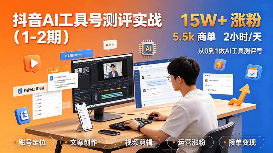 （19380期）抖音AI工具号测评实战（1-2期）：单号涨粉15W+×商单5.5k×伙伴计划×普通人可复制，每天2小时长期可持续-179创客网