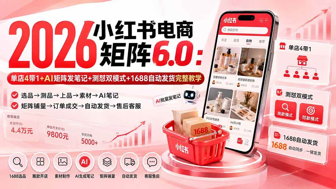 （20310期）2026小红书电商矩阵6.0：单店4带1+AI矩阵发笔记+测怼双模式+1688自动发货完整教学-179创客网