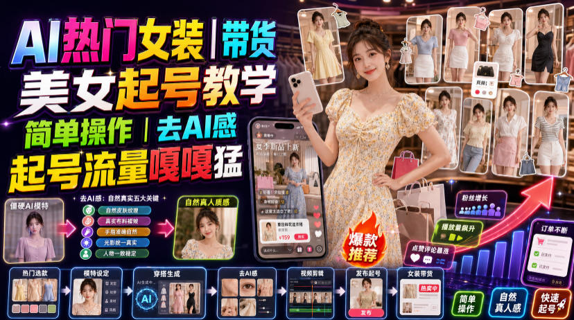 AI热门女装带货丨美女起号教学，简单操作，去AI感，起号流量嘎嘎猛-179创客网