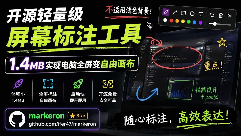 开源轻量级屏幕标注工具，1.4MB实现电脑全屏变自由画布！支持8种标注工具和全键盘操控MarkerOn-179创客网