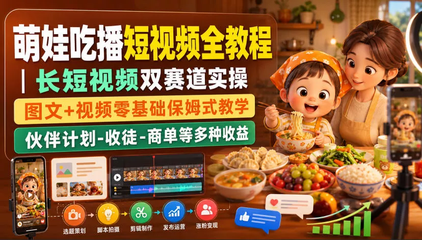 萌娃吃播短视频全教程｜长短视频双赛道实操，图文+视频零基础保姆式教学，伙伴计划-收徒-商单等多种变现方式-179创客网