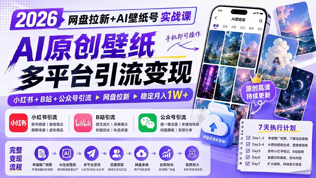 2026网盘拉新+AI壁纸号实战课：AI原创壁纸+小红书+B站+公众号引流，手机即可操作，月入1W+-179创客网