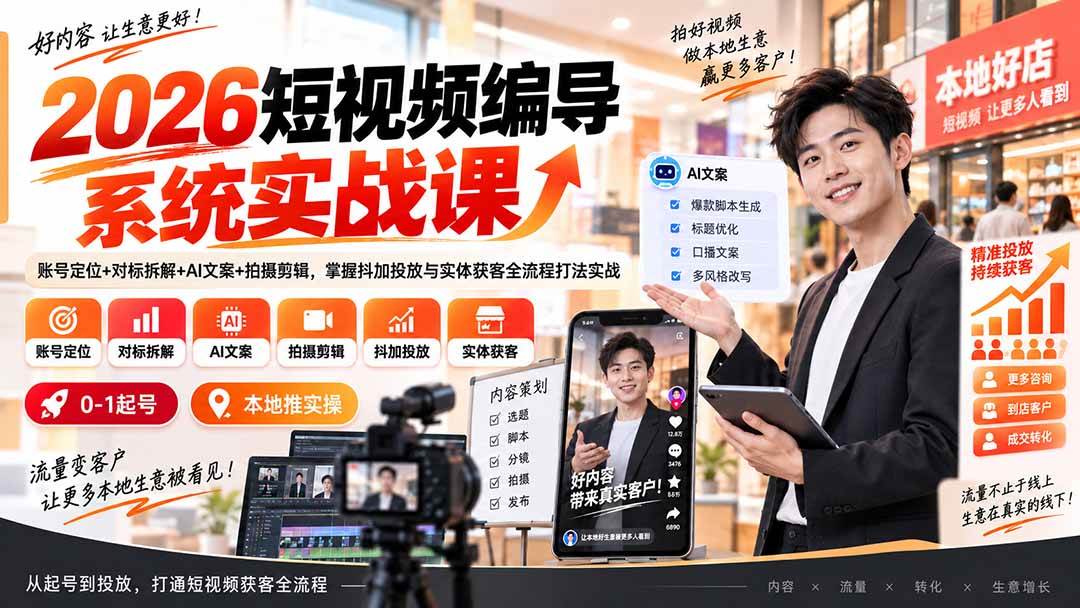 （20305期）2026短视频编导系统实战课：账号定位+对标拆解+AI文案+拍摄剪辑，掌握抖加投放与实体获客全流程打法实战-179创客网