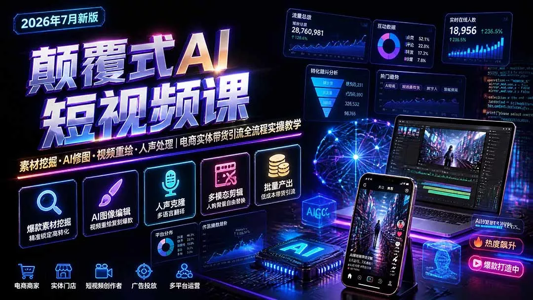 颠覆式AI短视频课｜素材挖掘，AI修图，视频重绘，人声处理｜电商实体带货引流全流程实操教学-179创客网