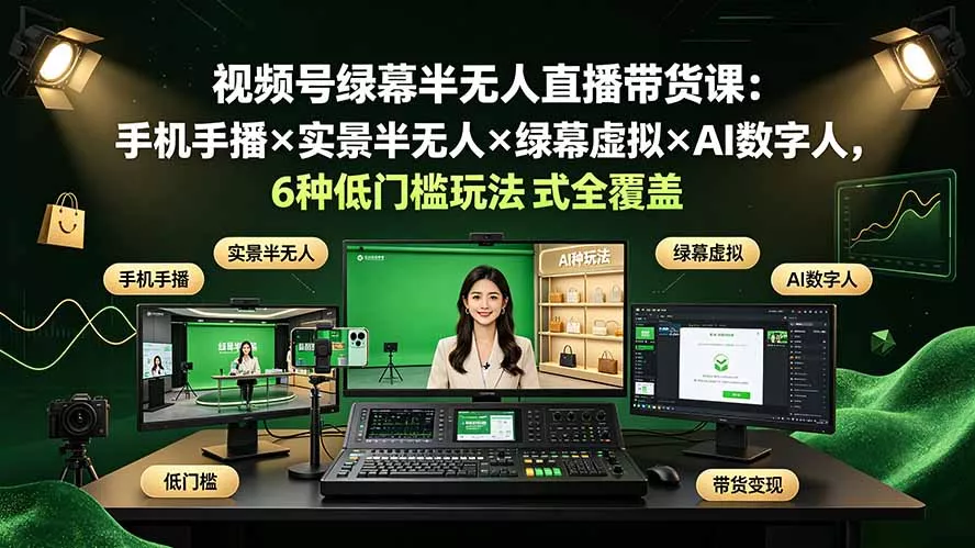 视频号绿幕半无人直播带货课：手机手播×实景半无人×绿幕虚拟×AI数字人，6种低门槛玩法全覆盖-179创客网