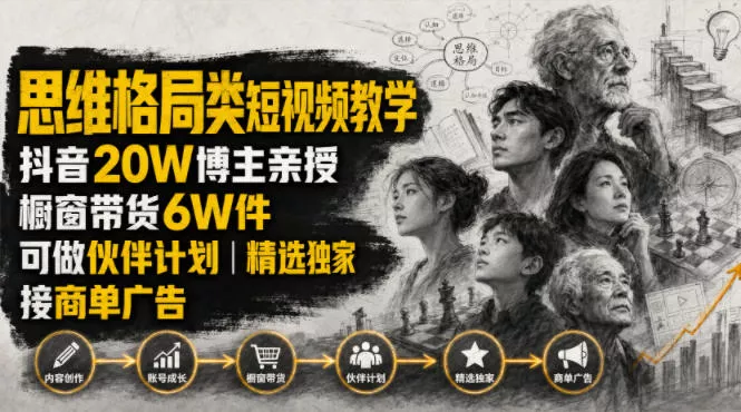 人性思维格局类短视频教学，抖音20W博主亲授，橱窗带货6W件，可做伙伴计划、精选独家、接商单广告-179创客网