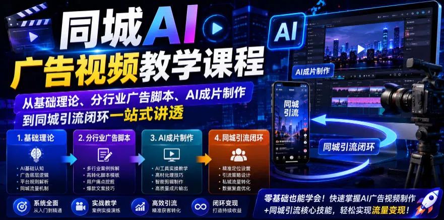 同城AI广告视频教学课程，从基础理论、分行业广告脚本、AI成片制作到同城引流闭环一站式讲透-179创客网