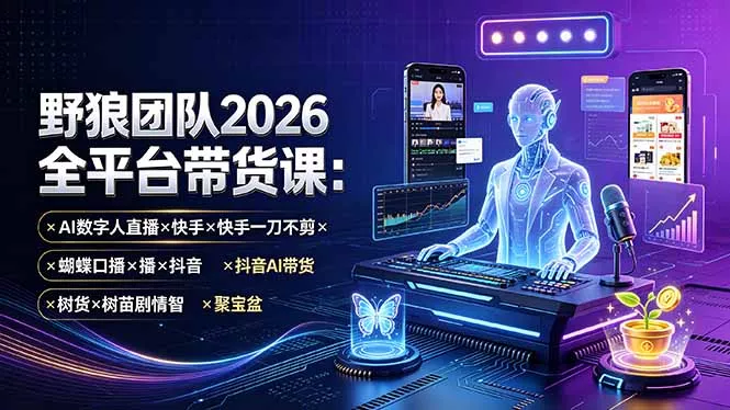 野狼团队2026全平台带货课-7月：AI数字人直播×快手一刀不剪×蝴蝶口播×抖音AI带货×树苗剧情智剪×聚宝盆-179创客网