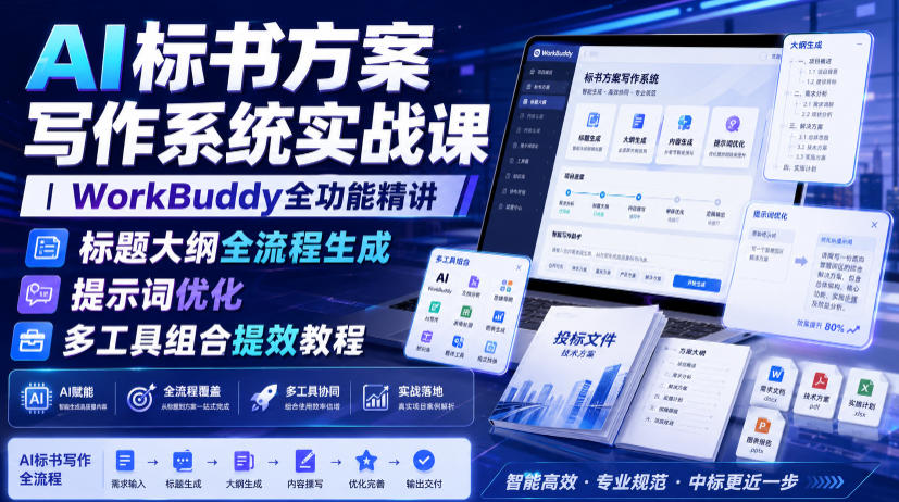 AI标书方案写作系统实战课｜WorkBuddy全功能精讲・标题大纲全流程生成・提示词优化・多工具组合提效教程-179创客网