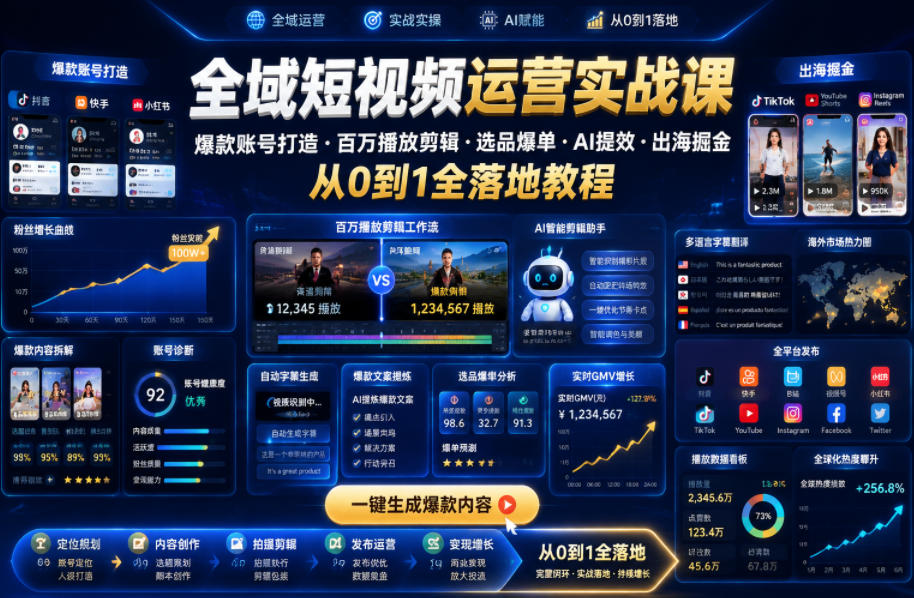 全域短视频运营实战课，爆款账号打造・百万播放剪辑・选品爆单・AI提效・出海掘金，从0到1全落地教程-179创客网