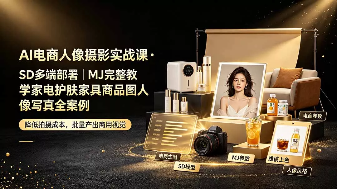 AI电商人像摄影实战课·SD多端部署｜MJ完整教学｜家电护肤家具商品图人像写真全案例-179创客网