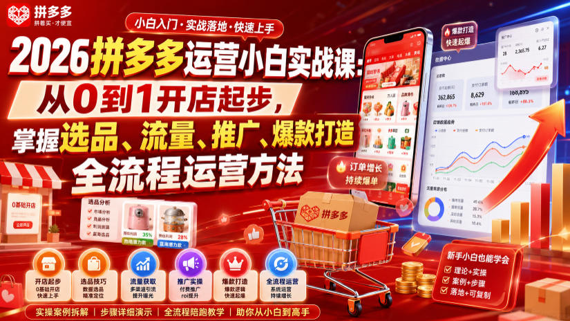 2026拼多多运营小白实战课：从0到1开店起步，掌握选品、流量、推广、爆款打造全流程运营方法-179创客网