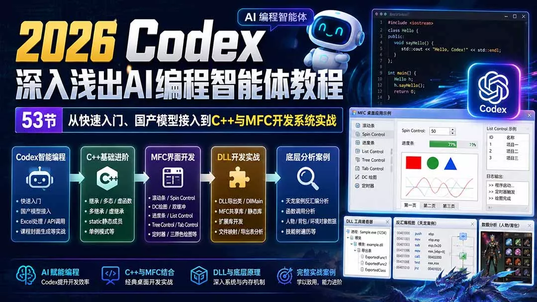 2026 Codex深入浅出AI编程智能体教程：53节从快速入门、国产模型接入到C++与MFC开发系统实战-179创客网