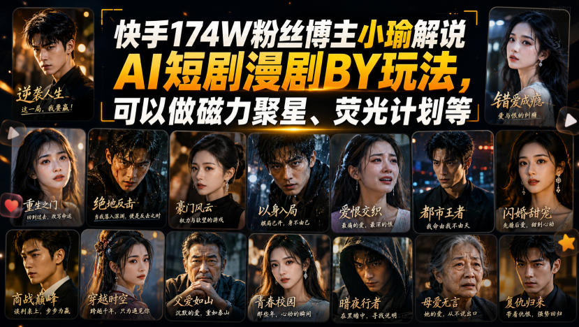 快手174W粉丝博主小瑜解说AI短剧漫剧搬运玩法，可以做磁力聚星、荧光计划等-179创客网