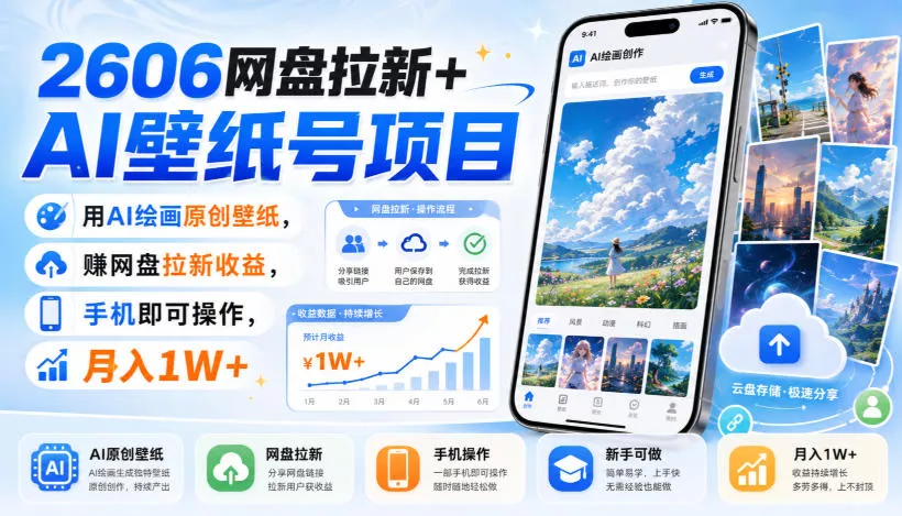 2606网盘拉新+AI壁纸号项目，用AI绘画原创壁纸，賺网盘拉新收益，手机即可操作，月入1W+-179创客网