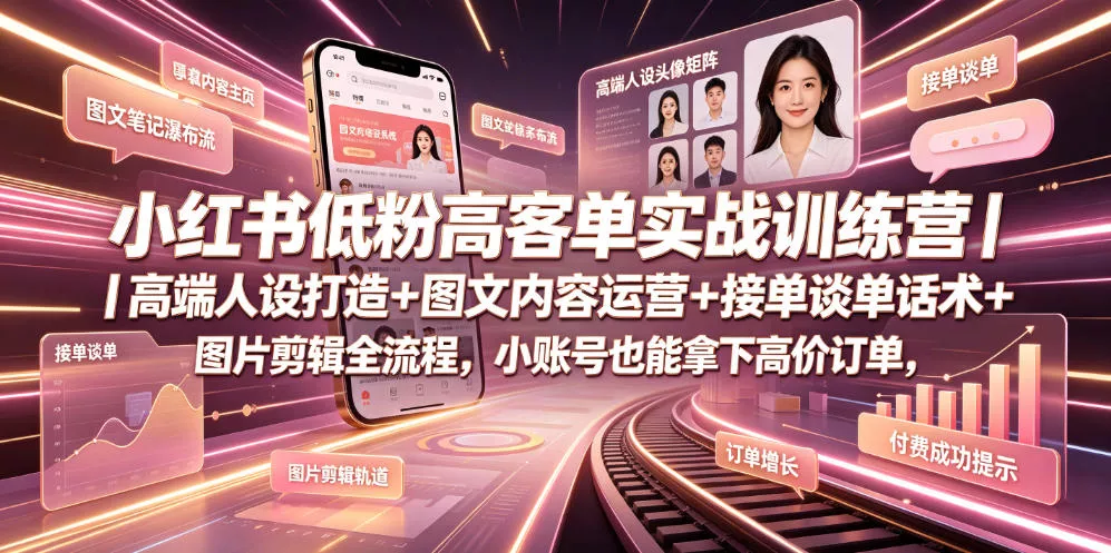 小红书低粉高客单实战训练营｜高端人设打造+图文内容运营+接单谈单话术+图片剪辑全流程，小账号也能拿下高价订单-179创客网