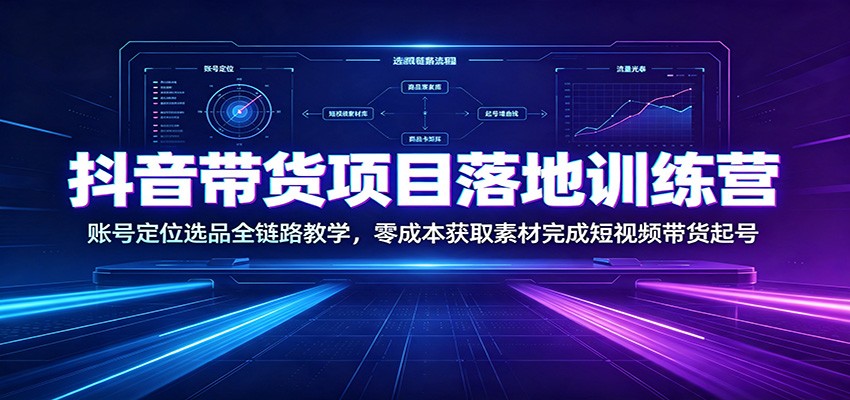 抖音带货项目落地训练营：账号定位选品全链路教学，零成本获取素材完成短视频带货起号-179创客网