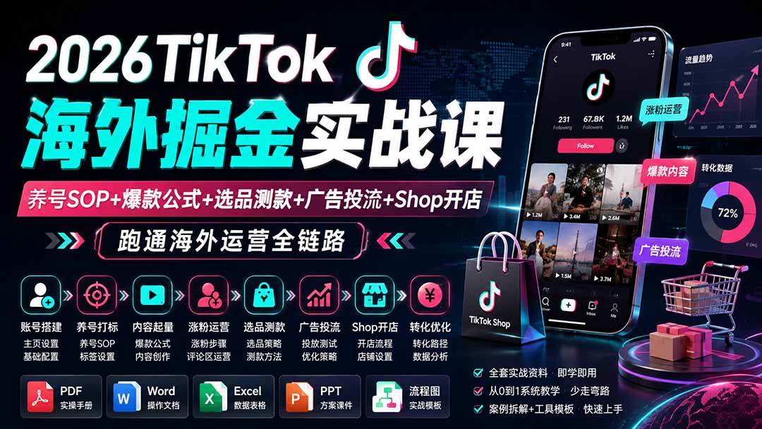 （19973期）2026TikTok海外掘金实战课——养号SOP+爆款公式+选品测款+广告投流+Shop开店，跑通海外运营全链路-179创客网