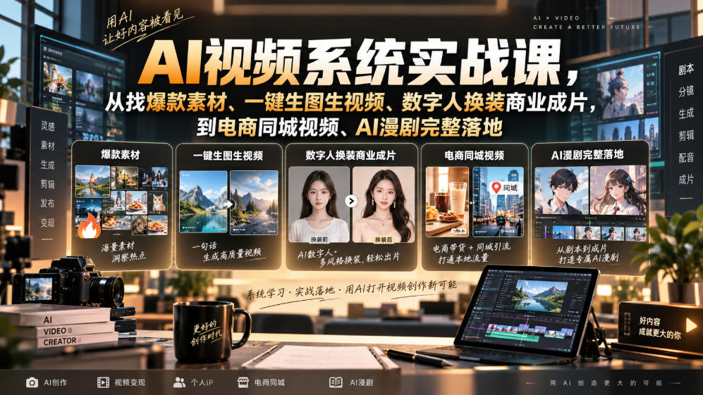 AI视频系统实战课，从找爆款素材、一键生图生视频、数字人换装商业成片，到电商同城视频、AI漫剧完整落地-179创客网