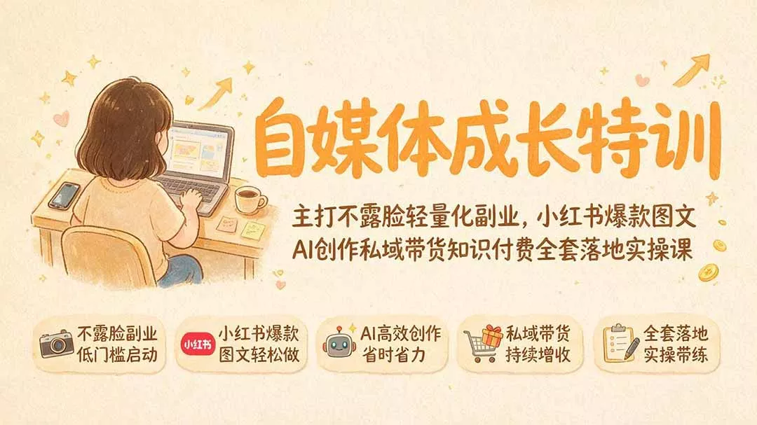 自媒体成长特训｜主打不露脸轻量化副业，小红书爆款图文AI创作私域带货知识付费全套落地实操课-179创客网