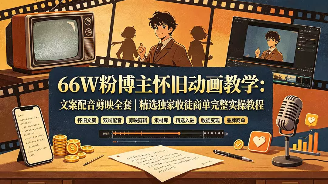 66W粉博主怀旧动画教学：文案配音剪映全套｜精选独家收徒商单完整实操教程-179创客网