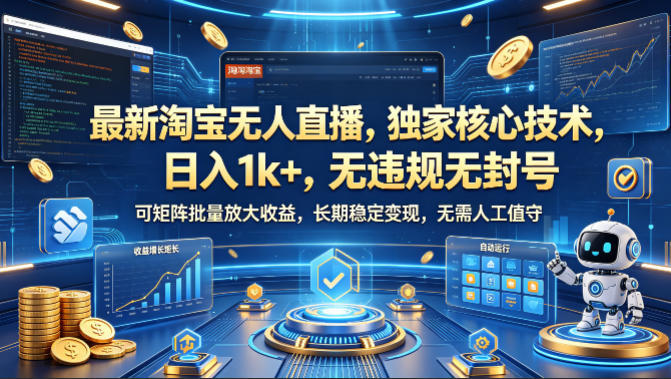 最新淘宝无人直播，独家核心技术，日入1k+，无违规无封号，可矩阵批量放大，长期稳定，无需人工值守【揭秘】-179创客网