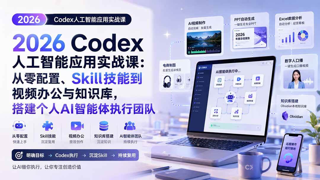 （20067期）2026 Codex人工智能应用实战课：从零配置、Skill技能到视频办公与知识库，搭建个人AI智能体执行团队-179创客网