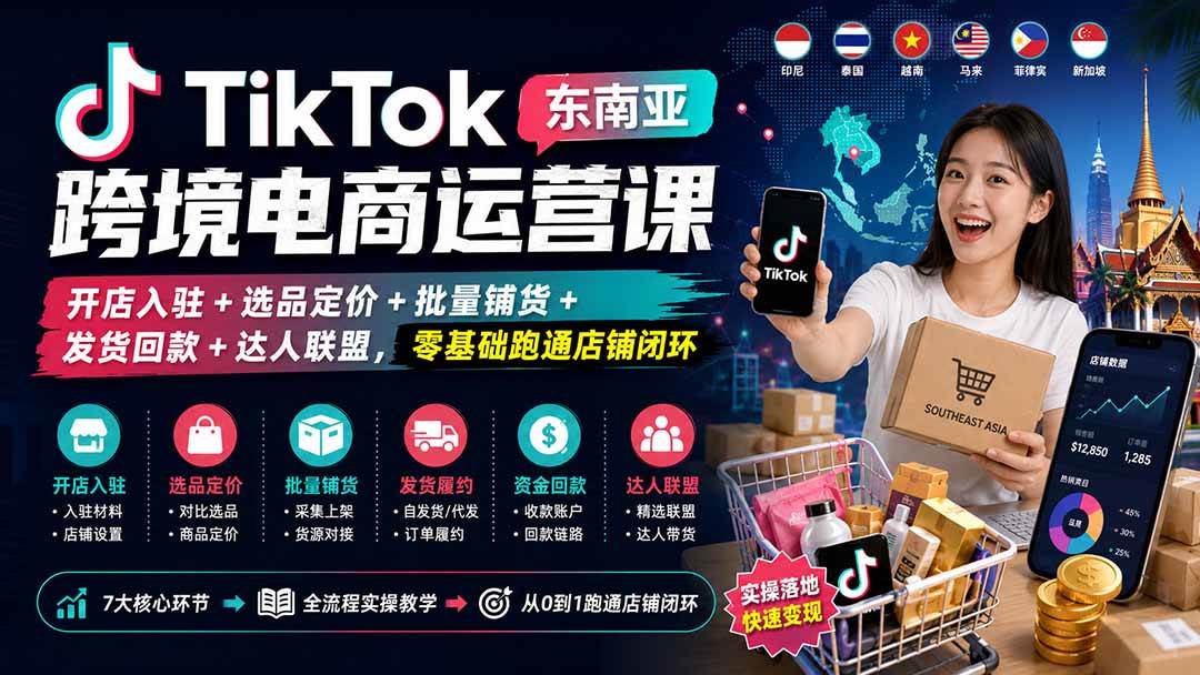 （20059期）TikTok东南亚跨境电商运营课：开店入驻+选品定价+批量铺货+发货回款+达人联盟，零基础跑通店铺闭环-179创客网