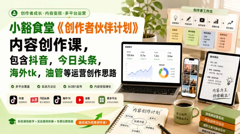 小豁食堂《创作者伙伴计划》内容创作课，包含抖音，今日头条，海外tk，油管等运营创作思路-179创客网
