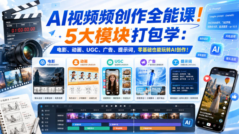 AI视频频创作全能课！5大模块打包学：电影、动画、UGC、广告、提示词，零基础也能玩转AI创作！【原创双语字幕】-179创客网