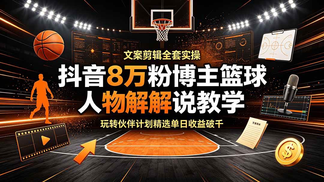 （19135期）抖音8万粉博主篮球人物解说教学，文案剪辑全套实操，玩转伙伴计划精选单日收益破千-179创客网