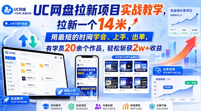 UC网盘拉新项目实战教学，拉新一个14米，用最短的时间学会、上手、出单，有学员20余个作品，轻松斩获2w+收益-179创客网
