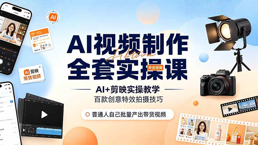 （19200期）AI视频制作全套实操课，多款AI工具搭配剪映教学，百种特效运镜拍摄实操，抖音账号带货运营全覆盖-179创客网