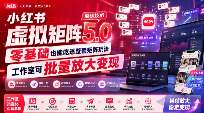 小红书虚拟矩阵5.0重磅技术，零基础也能吃透整套矩阵玩法，工作室可批量放大变现-179创客网