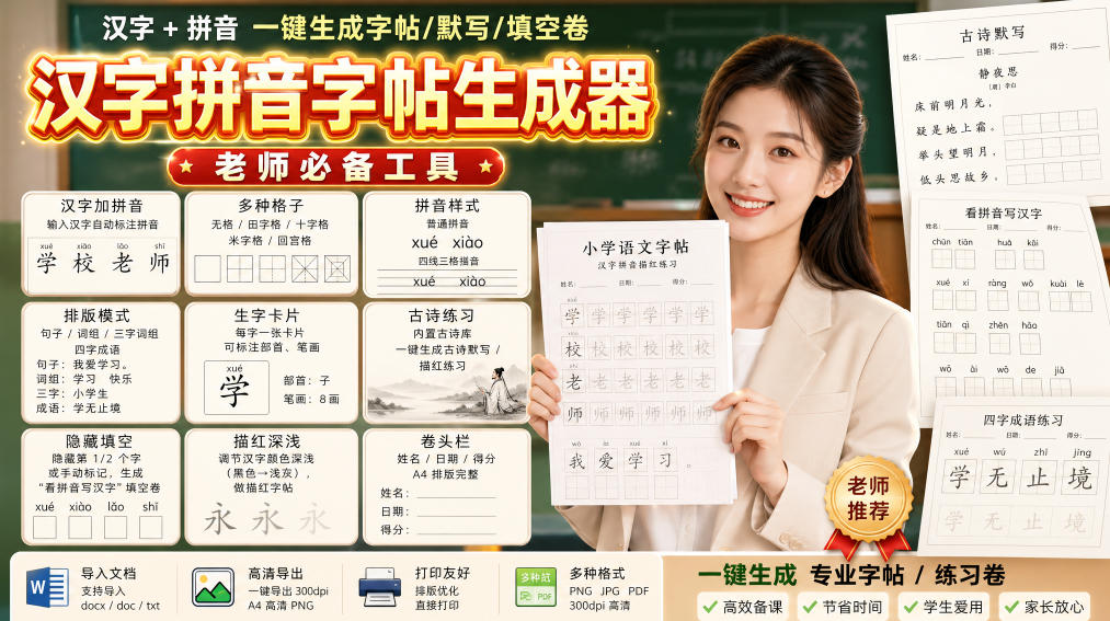 学习神器，汉字拼音字帖生成器，汉字+拼音 一键生成字帖/默写/填空卷，支持词组、成语，老师、家长必备-179创客网