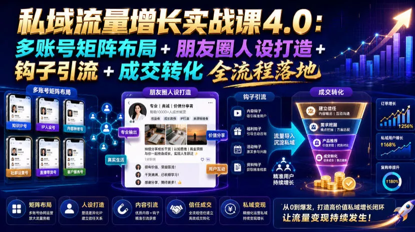 私域流量增长实战课4.0：多账号矩阵布局+朋友圈人设打造+钩子引流+成交转化全流程落地-179创客网