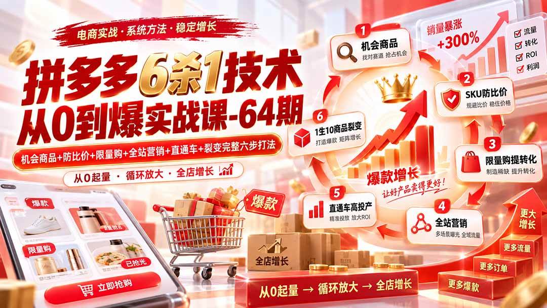 （20315期）拼多多6杀1技术从0到爆实战课-64期：机会商品+防比价+限量购+全站营销+直通车+裂变完整六步打法